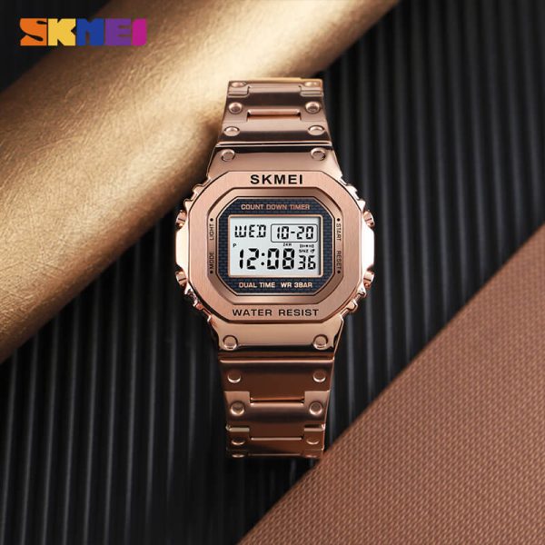 SKMEI 1456 Men's Stainless Steel Countdown Time Zone Waterproof LED Electronic Digital watch - RoseGold - Image 3