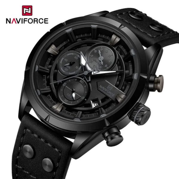 NaviForce NF8045 Men's Chronograph Date Dispaly Leather Strap Luminious Casual Watch - Black