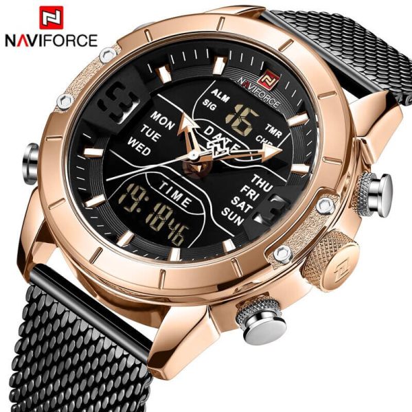 NAVIFORCE NF9153 Multi-Function Stainless Steel Mesh Digital/Analog Watch For Men – Black