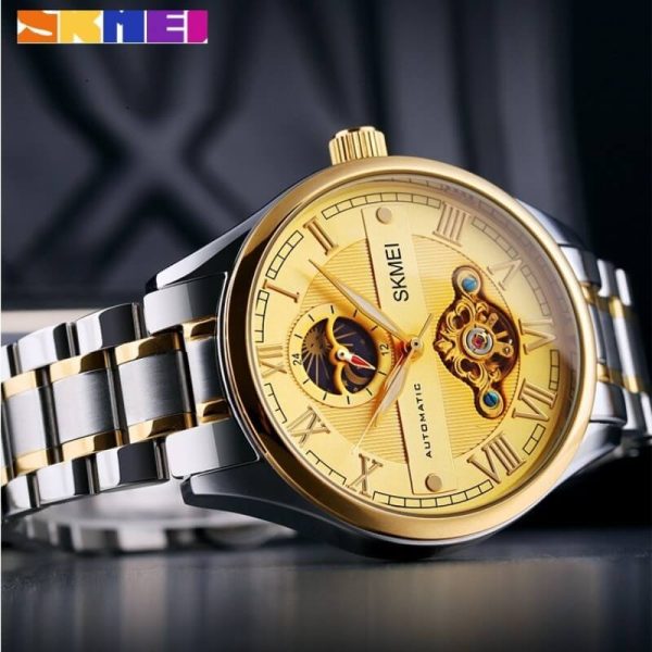 SKMEI M024 Fashionable Automatic Moon Phase Mechanical Roman Numeric Index Luminous Stainless Steel  Men's Watch - Gold/ Silver - Image 2