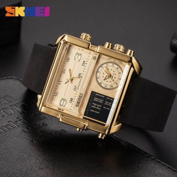 SKMEI 1584 Men's Multifunction Square Dial Digital Analog LED Chronograph Leather Strap Wristwatch - Golden/Black - Image 3