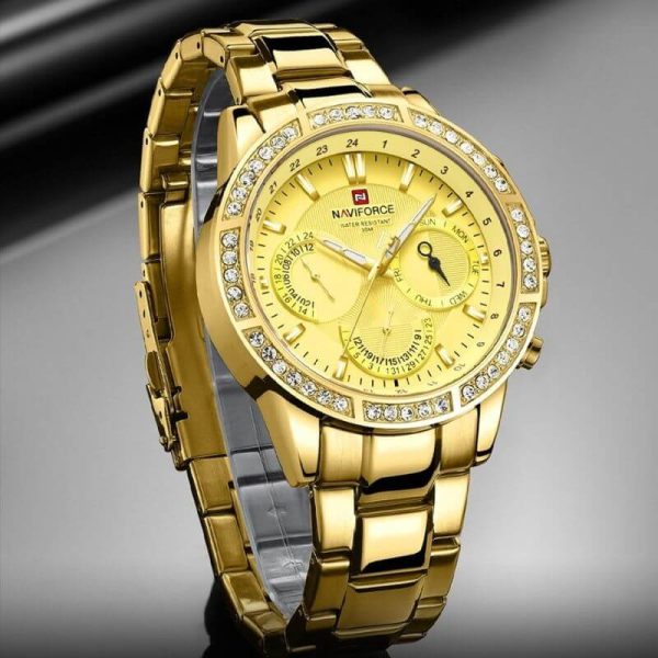 NAVIFORCE NF9196 Men's Quartz Stainless Steel Diamond Chronograph Complete Calendar Wristwatch  - Golden - Image 3