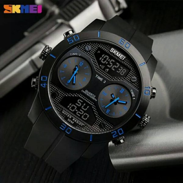 SKMEI 1355  Men's Chronograph Multifunction 3Time Display Analog Digital PU Strap Watch - Black/Blue - Image 3