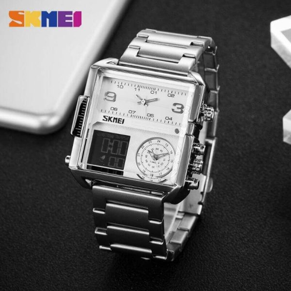 SKMEI 1584 Men's Multifunction Square Dial Digital Analog LED Chronograph Stainless Steel Wristwatch - Silver - Image 3