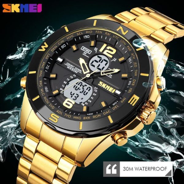 SKMEI 1670 Men's Double Movement Chronograph Waterproof Stainless Steel Multifunction Watch - Golden - Image 3