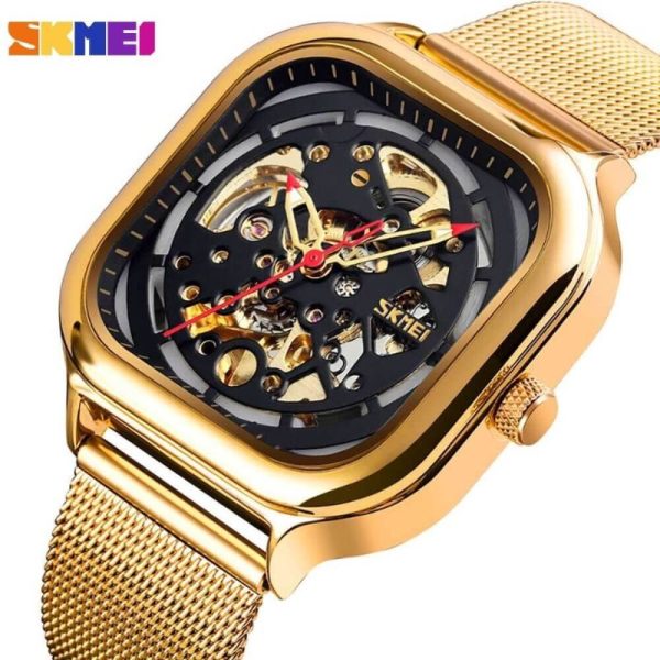 Skmei 9184 Men's Automatic Mechanical Square Dial Fashion Stainless Steel Mesh Watch - Black/Golden