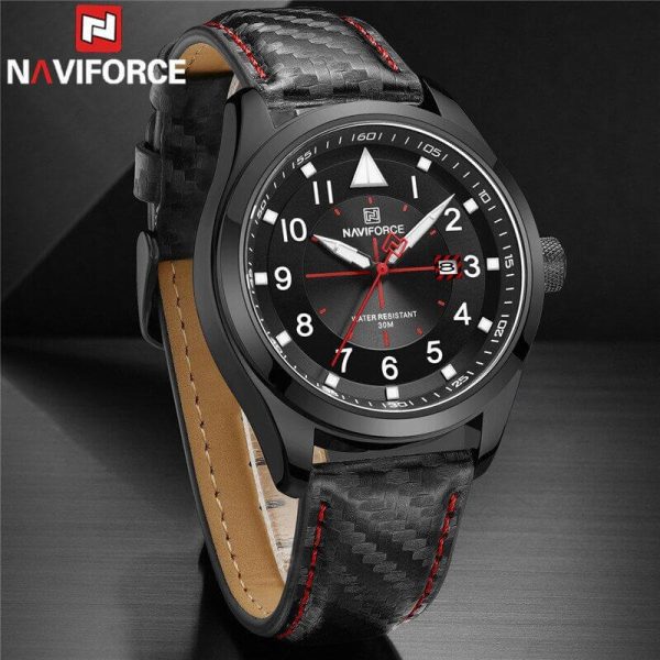 NaviForce NF8022 Men's Date Function Casual Leather Strap With Luminous Quartz Watch - Red/Black - Image 2