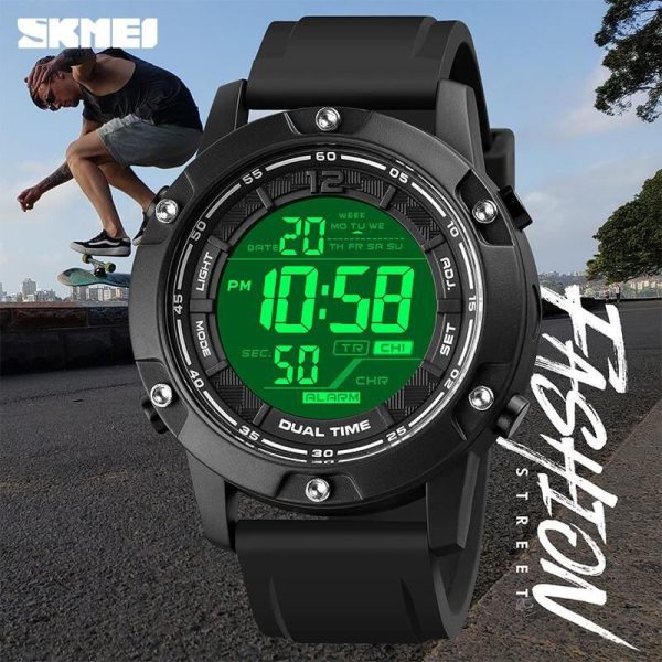 SKMEI 1762 Digital Multifunction Waterproof 2 Time Luminous Watch For Men - Black - Image 2