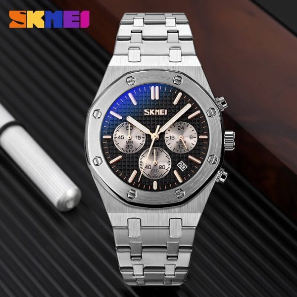 SKMEI 9296 Men's Classic Chronograph Stainless Steel Luminous Date Display Quartz Watch - Silver/Black - Image 3