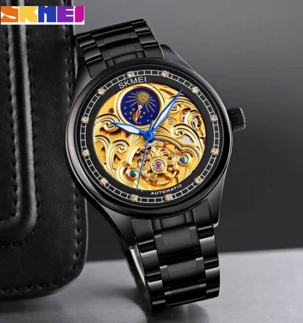 SKMEI M025 Men's Two Tone Moon Phase Mechanical Rhinestone Luminous Stainless Steel Watch - Black/Gold - Image 2