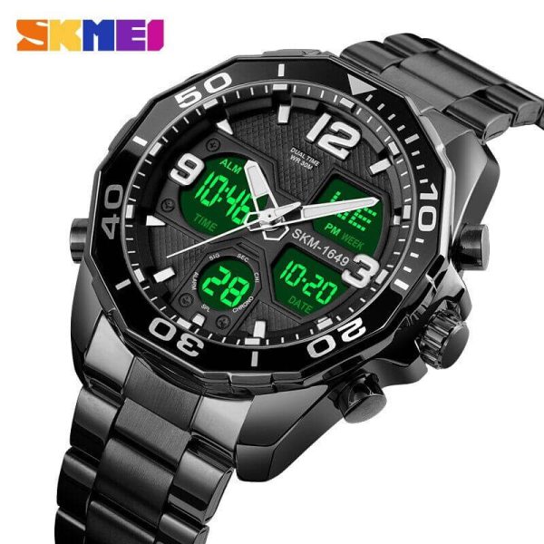 SKMEI 1649 Men's LED Light Digital Analog Day Date Function Stainless Steel Watch - Black