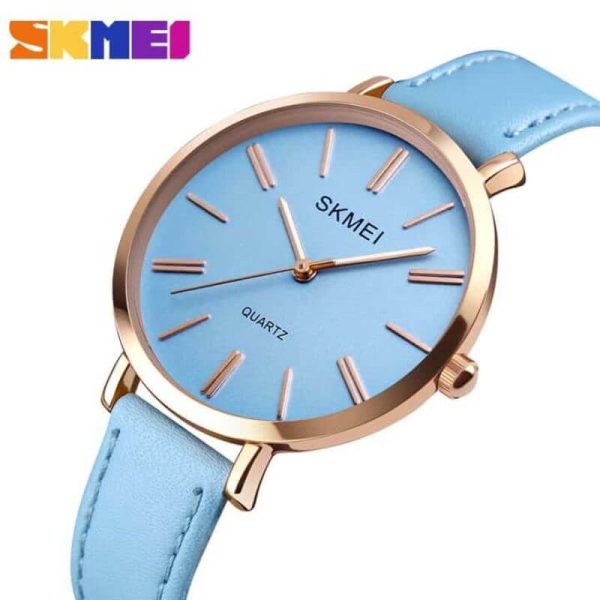 SKMEI 1397 Women Simple Classic Numeric Design Thin Round Dial Shape Leather Strap Quartz Watch - Blue