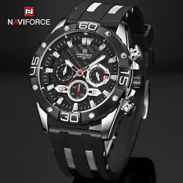 NAVIFORCE NF8019T Men's  Multifunction Luminous Silicone Strap Chronograph Quartz Watch - Silver/Black - Image 3