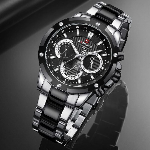 NAVIFORCE NF9196 Men's Quartz Stainless Steel Chronograph Complete Calendar Wristwatch - Black/Silver - Image 3