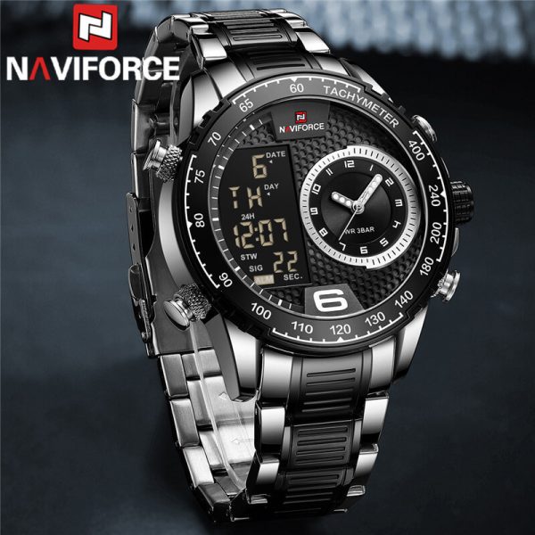 NAVIFORCE NF9199 Double Display LCD Chronograph Stainless Steel Wristwatch For Men - Black/Silver - Image 3