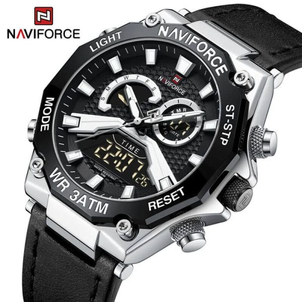 NAVIFORCE NF9220 Fashion Dual Display LED Light Chronograph Leather Strap Watch For Men - Black/Silver