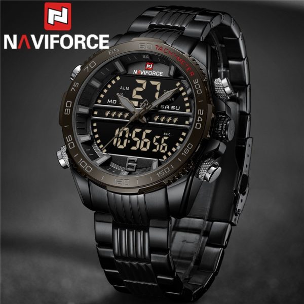 NAVIFORCE NF9195 Men's Dual Display Stainless Steel Day Date Watch - Black - Image 3