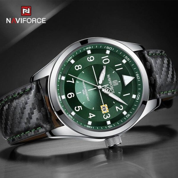 NaviForce NF8022 Men's Date Function Casual Leather Strap With Luminous Quartz Watch - Green/Black - Image 3