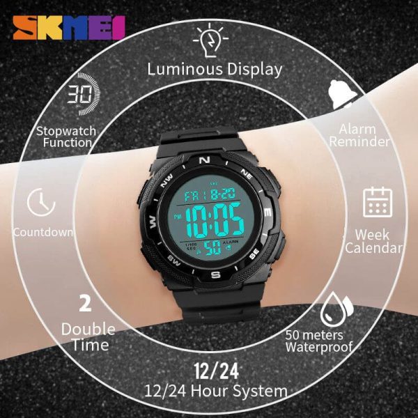 SKMEI 1423 Digital Sports Waterproof Luminous Multifunction Watch For Men  - Black - Image 3