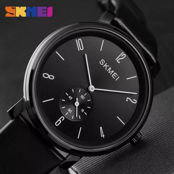 SKMEI 1398 Casual Simple Slim Round Dial Leather Strap Quartz Watch For Men - Black - Image 2