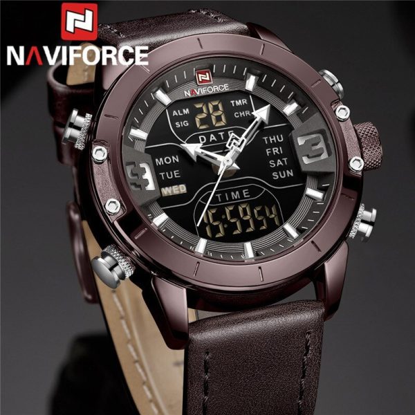 NaviForce NF9153 Double Time MultiFunction Watch with Leather Strap - Coffee - Image 3