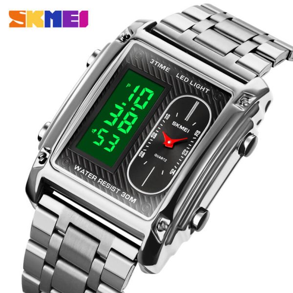 SKMEI 1868 Casual Rectangle Dial Digital Analog Luminous Stainless Steel Stopwatch For Men - Silver