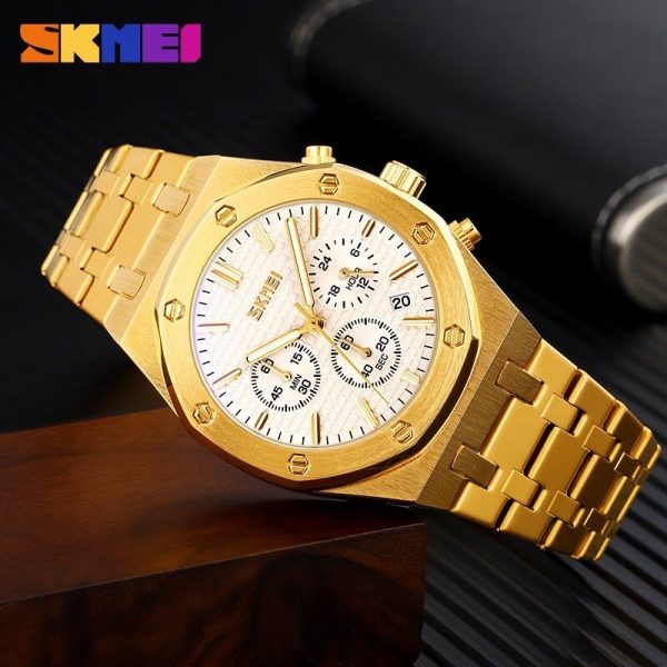 SKMEI 9296 Men's Classic Chronograph Stainless Steel Luminous Date Display Quartz Watch - Golden - Image 3