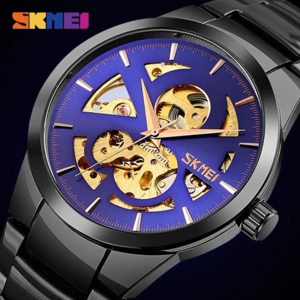 SKMEI 9243 Casual Men's Automatic Mechanical Fashion Hollow Dial Stainless Steel Strap Watch - Blue/Black - Image 2