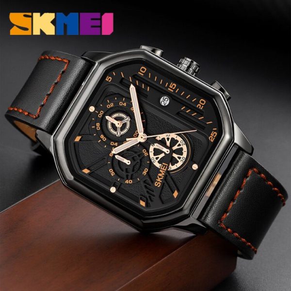 SKMEI 1963 Men's Fashion Multifunction Chronograph Square Dial Date Display Leather Strap Watch - Black - Image 3