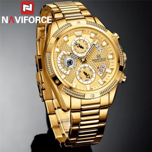 NaviForce NF8021 Men's Multifunction Date Display Stainless Steel With Luminous Hands Chronograph Watch - Golden - Image 2