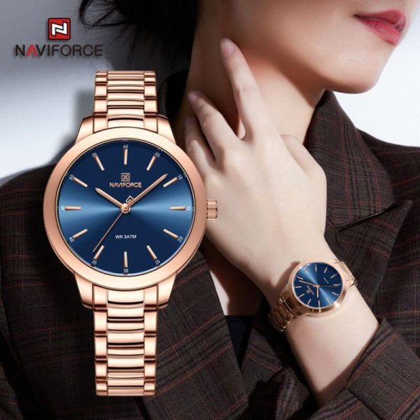 NaviForce NF5025 Women's Simplicity Casual Stainless Steel Quartz Watch - Blue/Rosegold - Image 3