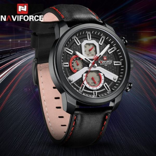 NaviForce NF9211 Men's Fashion Chronograph Day Date Display Leather Strap Luminous Watch - Black - Image 2