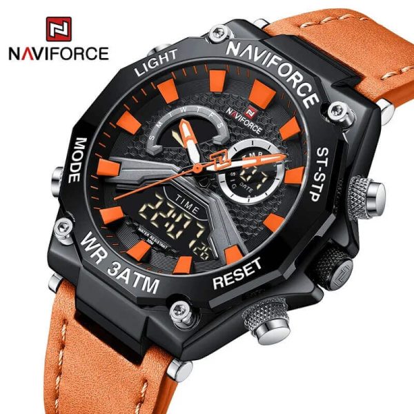 NAVIFORCE NF9220 Fashion Dual Display LED Light Chronograph Leather Strap Watch For Men - Orange