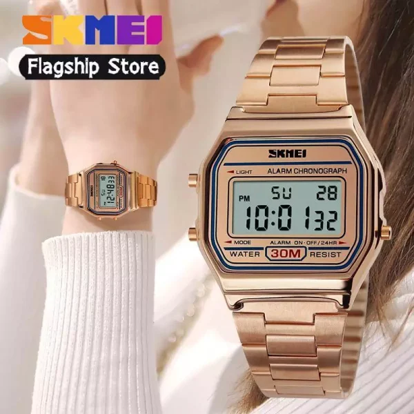 SKMEI 1123 Unisex Business Collection Vintage Series Digital Stainless Steel Watch - RoseGold