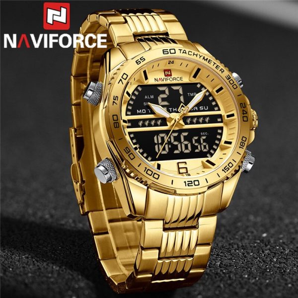 NAVIFORCE NF9195 Men's Dual Display Stainless Steel Day Date Watch - Golden - Image 2