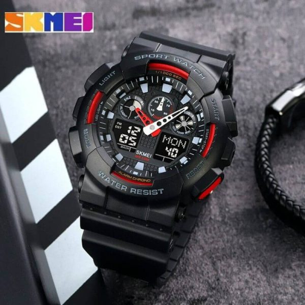 SKMEI 1832 Analog Digital Dual Display  Sport Chronograph LED Light Display Watch For Men - Black/Red - Image 2