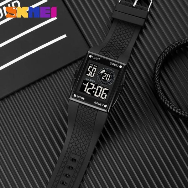 SKMEI 1967 Digital Movement Men's Military Silicone Strap Rectangle Dial Countdown LED Sport Watch - Black - Image 2