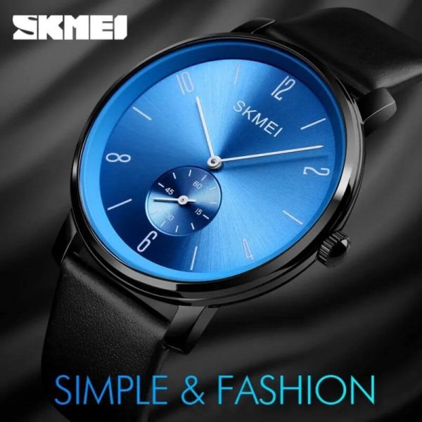 SKMEI 1398 Casual Simple Slim Round Dial Leather Strap Quartz Watch For Men - Blue/Black - Image 3