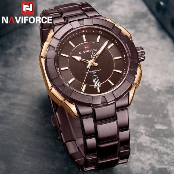 NaviForce NF9176 Luminous Stainless Steel Leisure Design Calendar Quartz Watch For Men  - Coffee - Image 2