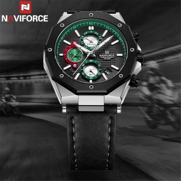 NaviForce NF8028 Men's Hexagon Dial Chronograph Complete Calendar Luminous Leather Strap Watch - Black - Image 2