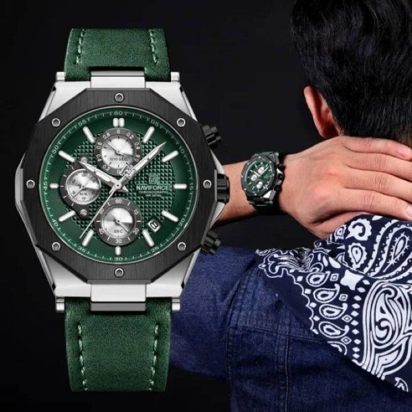 NaviForce NF8028 Men's Hexagon Dial Chronograph Complete Calendar Luminous Leather Strap Watch - Green - Image 3