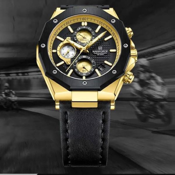 NaviForce NF8028 Men's Hexagon Dial Chronograph Complete Calendar Luminous Leather Strap Watch - Golden/Black - Image 2