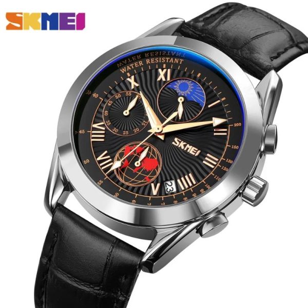 SKMEI 9236 Creative Moonphase Multifunction Date Display Leather Strap Watch For Men - Silver/Black