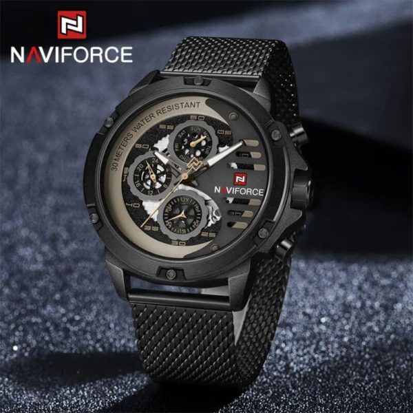 NaviForce NF9110 Luxury Chronograph Analog Quartz Mesh Stainless Steel Casual Watch For Men - Black - Image 2