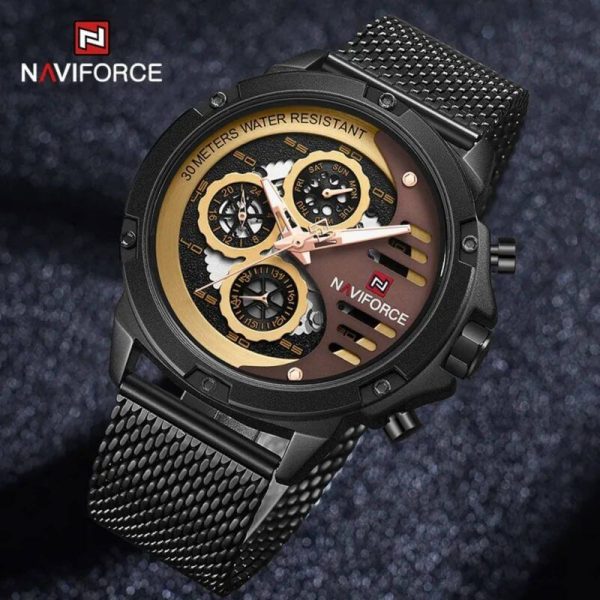 NaviForce NF9110 Luxury Chronograph Analog Quartz Mesh Stainless Steel Casual Watch For Men - Black/Golden - Image 2