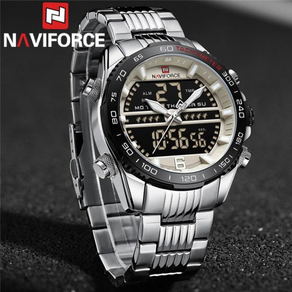 NAVIFORCE NF9195 Men's Dual Display Stainless Steel Day Date Watch - Silver - Image 2