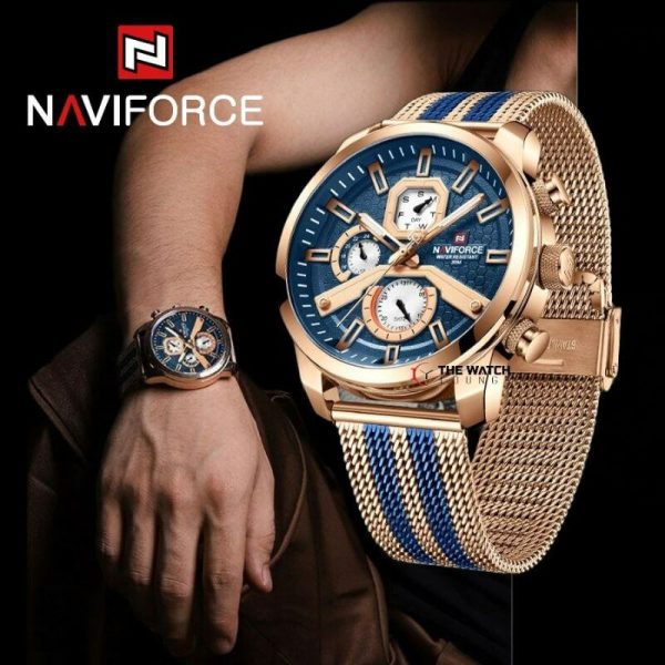 NaviForce NF9211 Men's Fashion Chronograph Day Date Display Stainless Steel Mesh Luminous Watch - RoseGold/Blue - Image 2