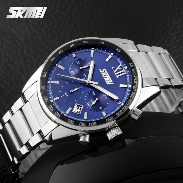 SKMEI 9096 Men's Business Full Stainless Steel Analog Date Display Chronograph Wristwatch - Silver/Blue - Image 3