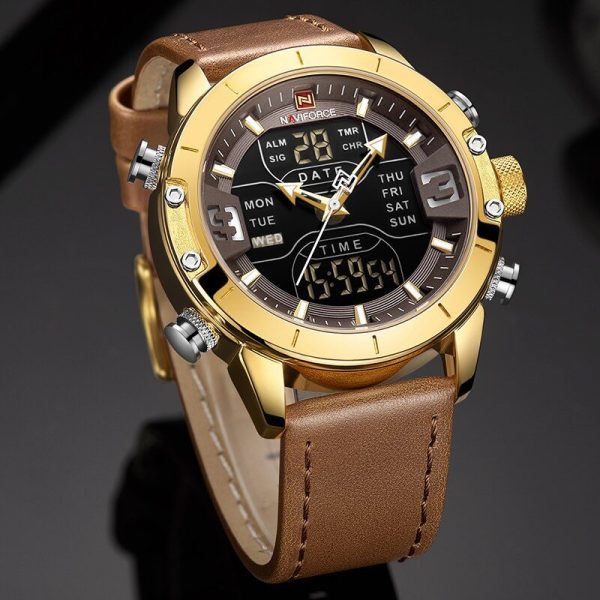 NaviForce NF9153 Double Time MultiFunction Watch with Leather Strap - Golden - Image 3