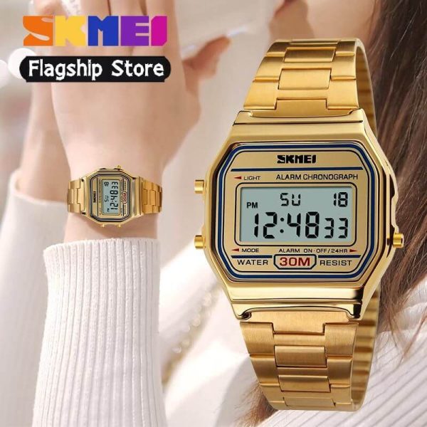 SKMEI 1123 Unisex Business Collection Vintage Series Digital Stainless Steel Watch - Golden